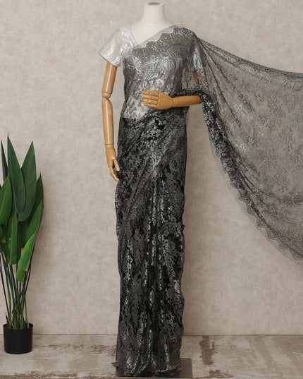 Black Silver Premium French Metallic Chantilly Lace Saree Fabric, 5.5 Mtrs Length, 110 Cms Width, Crafted in France – Rich Metallic Floral Lace, Blouse Not Included-D26422