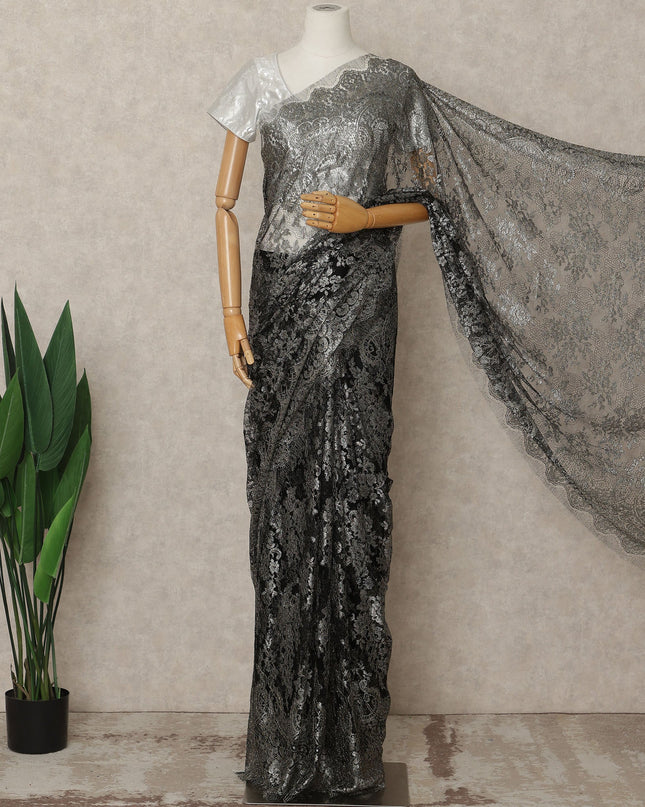 Black Silver Premium French Metallic Chantilly Lace Saree Fabric, 5.5 Mtrs Length, 110 Cms Width, Crafted in France – Rich Metallic Floral Lace, Blouse Not Included-D26422