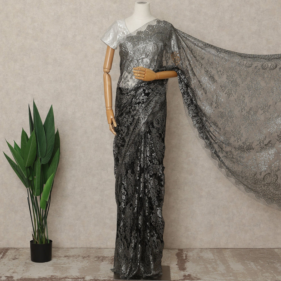Black Silver Premium French Metallic Chantilly Lace Saree Fabric, 5.5 Mtrs Length, 110 Cms Width, Crafted in France – Rich Metallic Floral Lace, Blouse Not Included-D26422