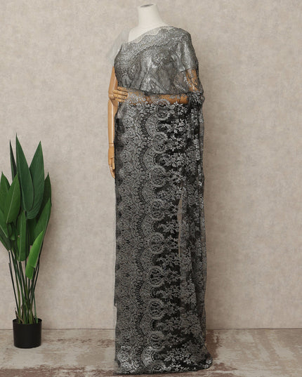 Black Silver Premium French Metallic Chantilly Lace Saree Fabric, 5.5 Mtrs Length, 110 Cms Width, Crafted in France – Rich Metallic Floral Lace, Blouse Not Included-D26422