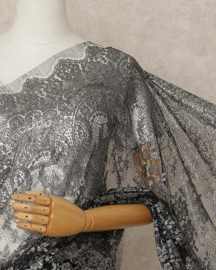 Black Silver Premium French Metallic Chantilly Lace Saree Fabric, 5.5 Mtrs Length, 110 Cms Width, Crafted in France – Rich Metallic Floral Lace, Blouse Not Included-D26422