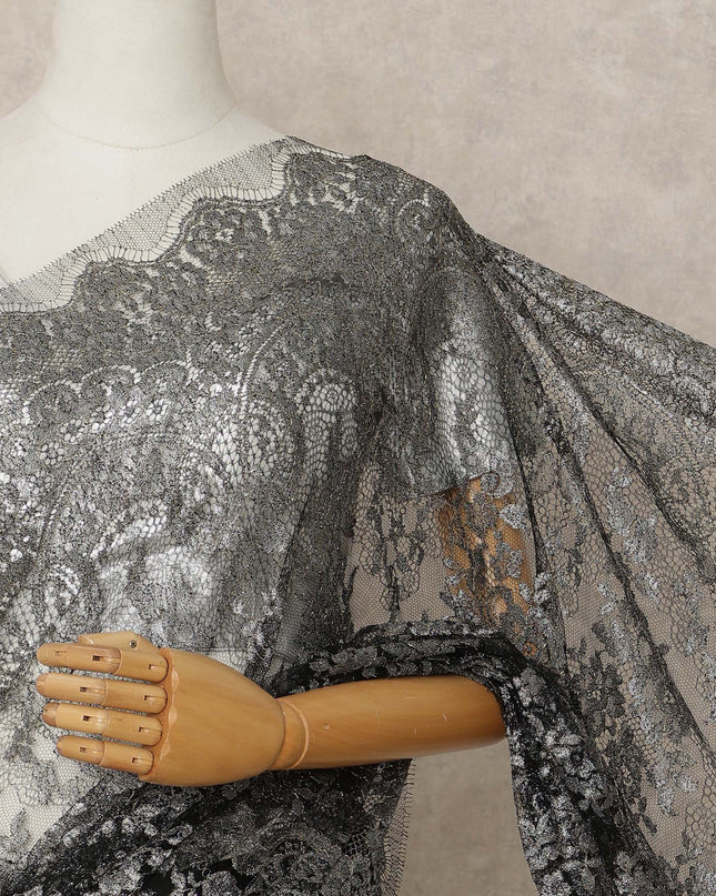 Black Silver Premium French Metallic Chantilly Lace Saree Fabric, 5.5 Mtrs Length, 110 Cms Width, Crafted in France – Rich Metallic Floral Lace, Blouse Not Included-D26422