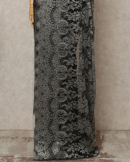 Black Silver Premium French Metallic Chantilly Lace Saree Fabric, 5.5 Mtrs Length, 110 Cms Width, Crafted in France – Rich Metallic Floral Lace, Blouse Not Included-D26422