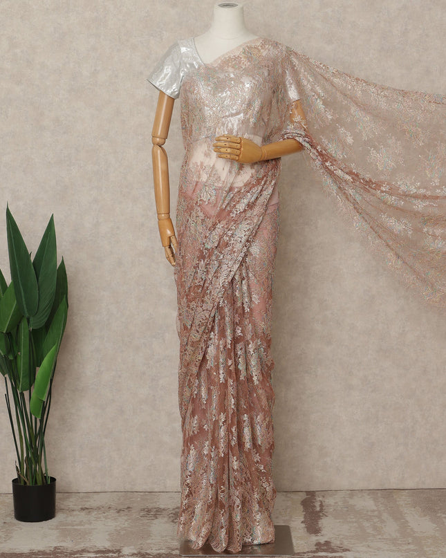 Blush Rose Premium French Metallic Chantilly Lace Saree Fabric, 5.5 Mtrs Length, 110 Cms Width, Crafted in France – Iridescent Pastel Metallic Floral Lace, Blouse Not Included-D26434