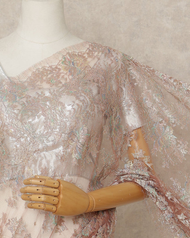 Blush Rose Premium French Metallic Chantilly Lace Saree Fabric, 5.5 Mtrs Length, 110 Cms Width, Crafted in France – Iridescent Pastel Metallic Floral Lace, Blouse Not Included-D26434