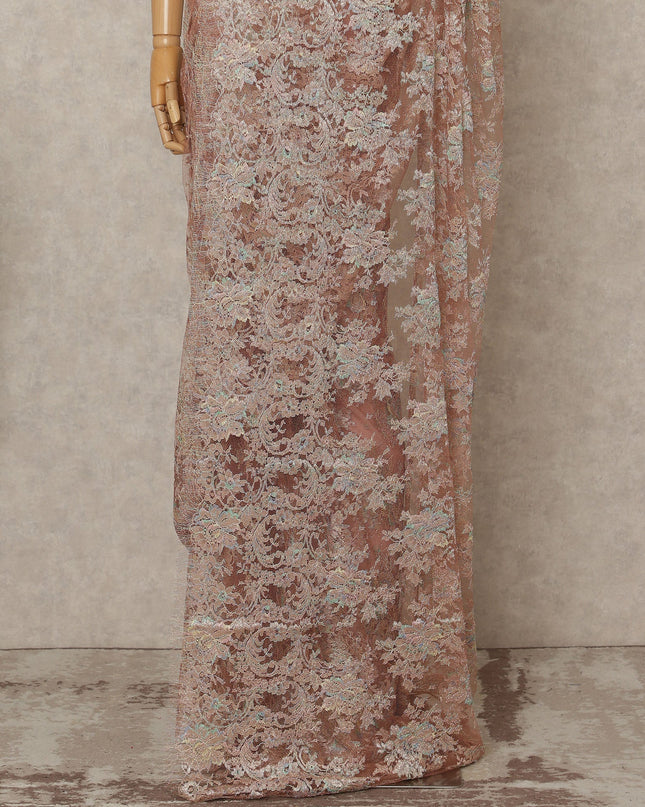 Blush Rose Premium French Metallic Chantilly Lace Saree Fabric, 5.5 Mtrs Length, 110 Cms Width, Crafted in France – Iridescent Pastel Metallic Floral Lace, Blouse Not Included-D26434