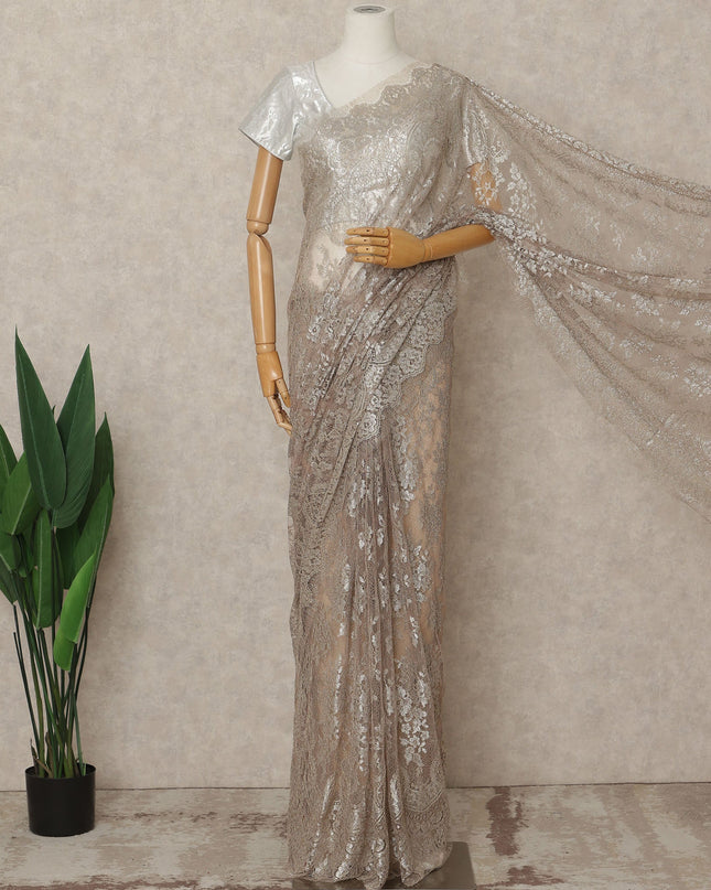Champagne Beige Premium French Metallic Chantilly Lace Saree Fabric, 5.5 Mtrs Length, 110 Cms Width, Crafted in France – Luxurious Metallic Floral Lace, Blouse Not Included-D26418
