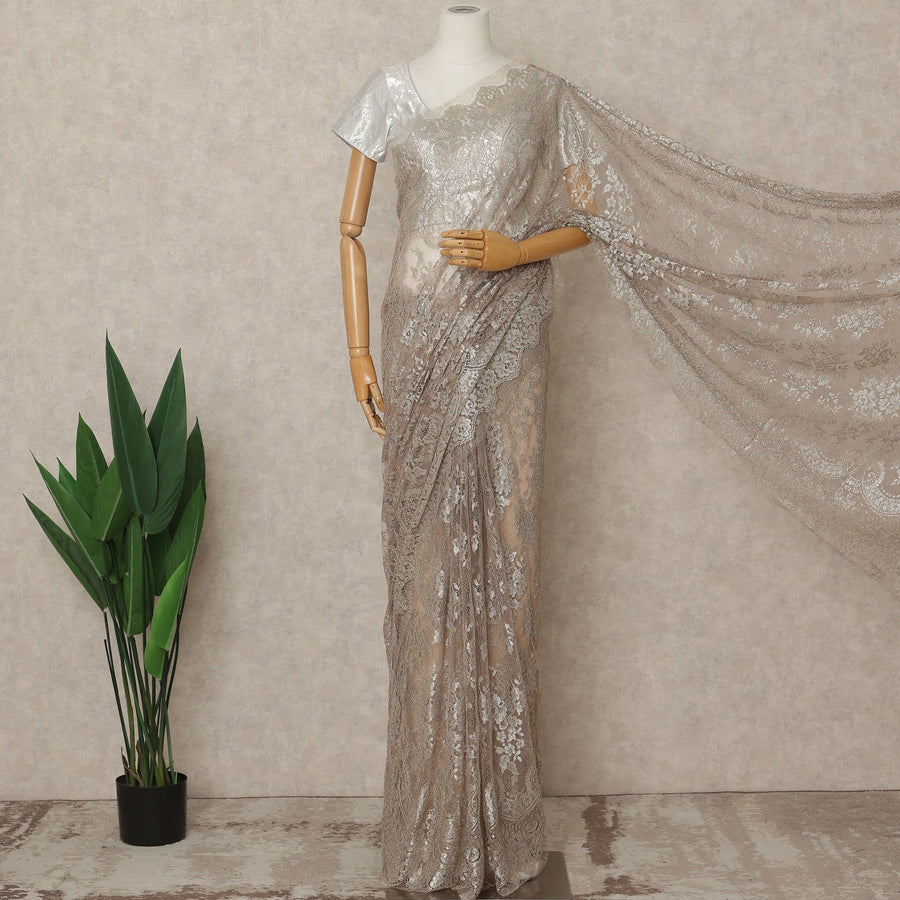 Champagne Beige Premium French Metallic Chantilly Lace Saree Fabric, 5.5 Mtrs Length, 110 Cms Width, Crafted in France – Luxurious Metallic Floral Lace, Blouse Not Included-D26418