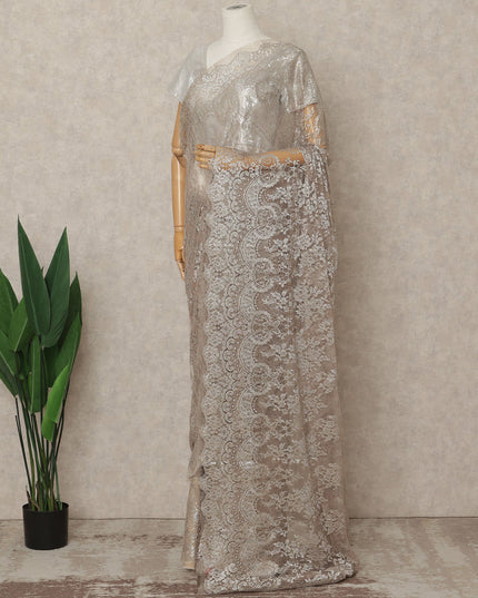 Champagne Beige Premium French Metallic Chantilly Lace Saree Fabric, 5.5 Mtrs Length, 110 Cms Width, Crafted in France – Luxurious Metallic Floral Lace, Blouse Not Included-D26418