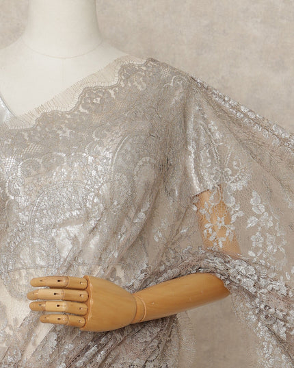 Champagne Beige Premium French Metallic Chantilly Lace Saree Fabric, 5.5 Mtrs Length, 110 Cms Width, Crafted in France – Luxurious Metallic Floral Lace, Blouse Not Included-D26418