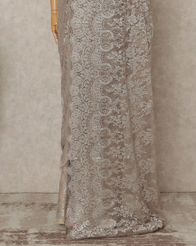 Champagne Beige Premium French Metallic Chantilly Lace Saree Fabric, 5.5 Mtrs Length, 110 Cms Width, Crafted in France – Luxurious Metallic Floral Lace, Blouse Not Included-D26418
