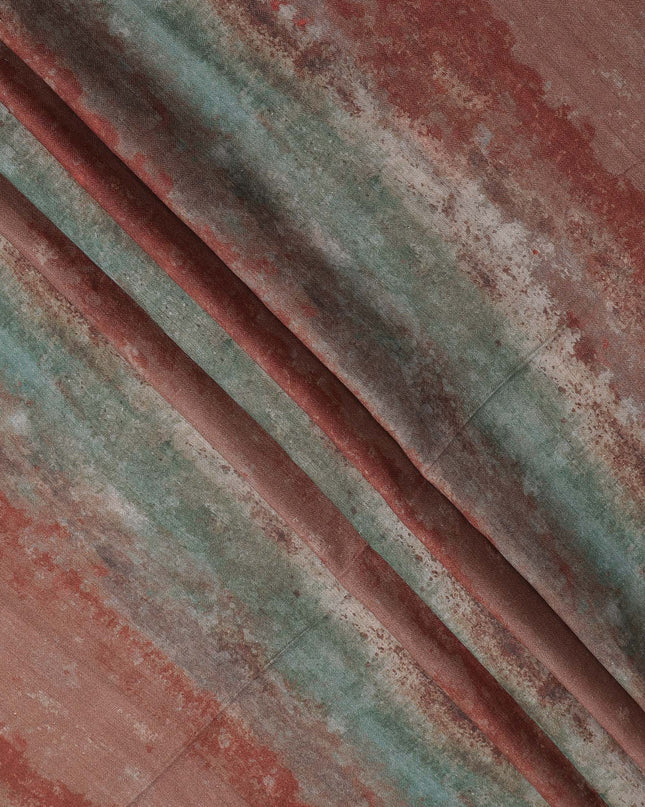 Rust Green Viscose Linen Blended Fabric with Abstract Striped Print Design, 110 cms Width, Made in India-D25111