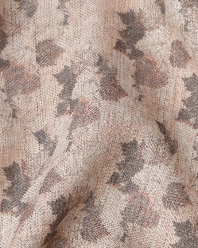 Beige Viscose Linen Blended Fabric with Leafy Print Design, 110 cms Width, Made in India-D25109