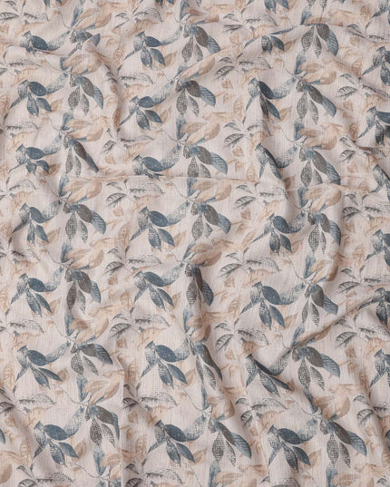 Beige Cotton Blend Fabric with Blue and Brown Leaf Print, 110 Cms Width, Made in India-D25516