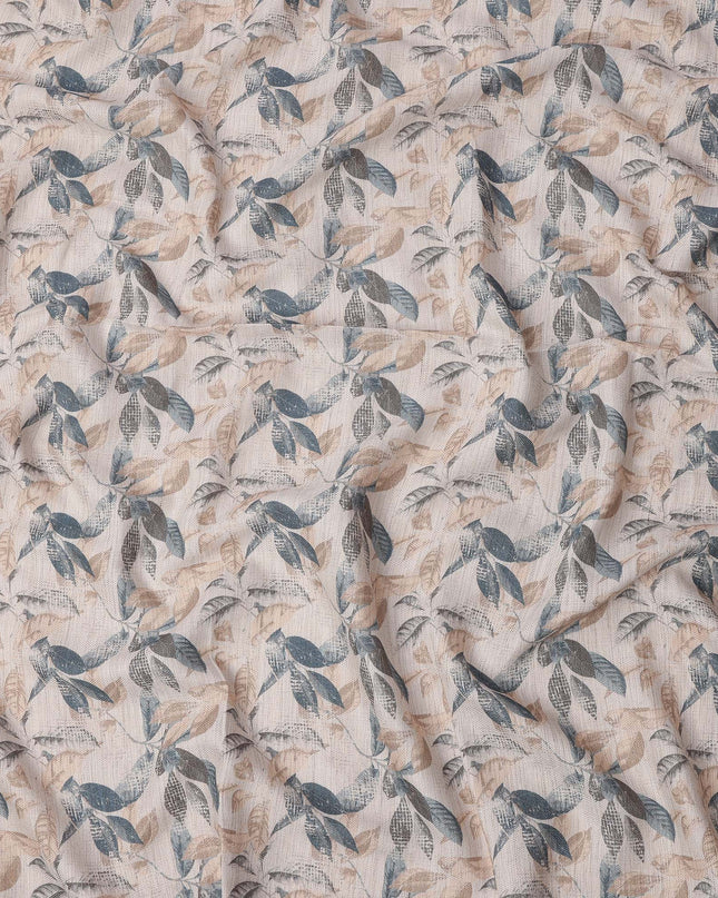 Beige Cotton Blend Fabric with Blue and Brown Leaf Print, 110 Cms Width, Made in India-D25516