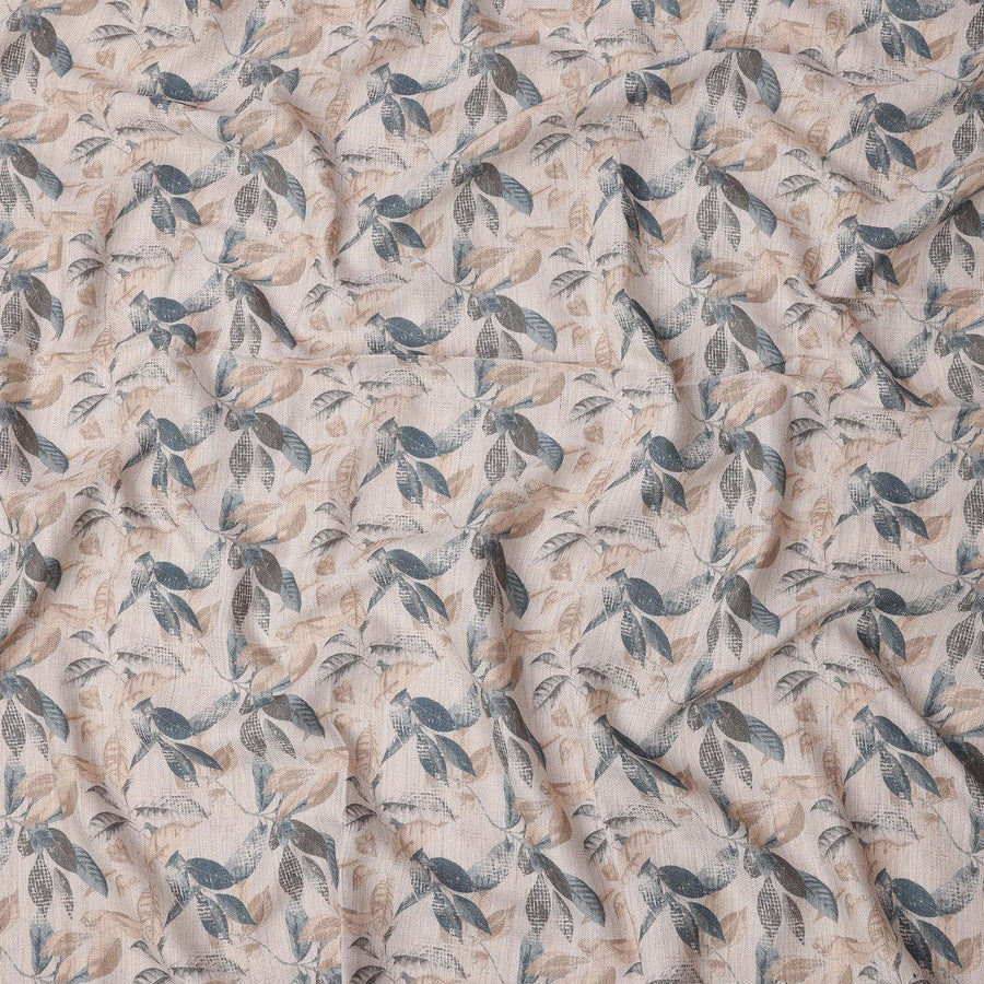 Beige Cotton Blend Fabric with Blue and Brown Leaf Print, 110 Cms Width, Made in India-D25516