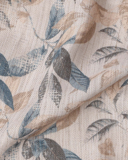 Beige Cotton Blend Fabric with Blue and Brown Leaf Print, 110 Cms Width, Made in India-D25516