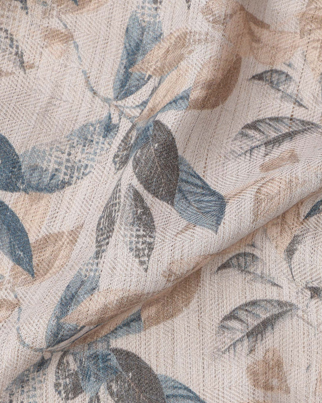 Beige and Blue Viscose Linen Blended Fabric with Leaf Print, 110 cms Width, Made in India-D25108