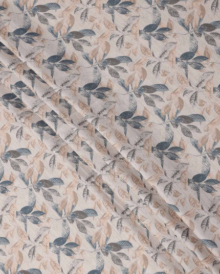 Beige Cotton Blend Fabric with Blue and Brown Leaf Print, 110 Cms Width, Made in India-D25516