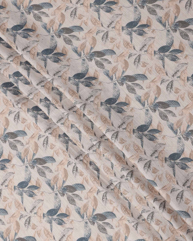 Beige Cotton Blend Fabric with Blue and Brown Leaf Print, 110 Cms Width, Made in India-D25516