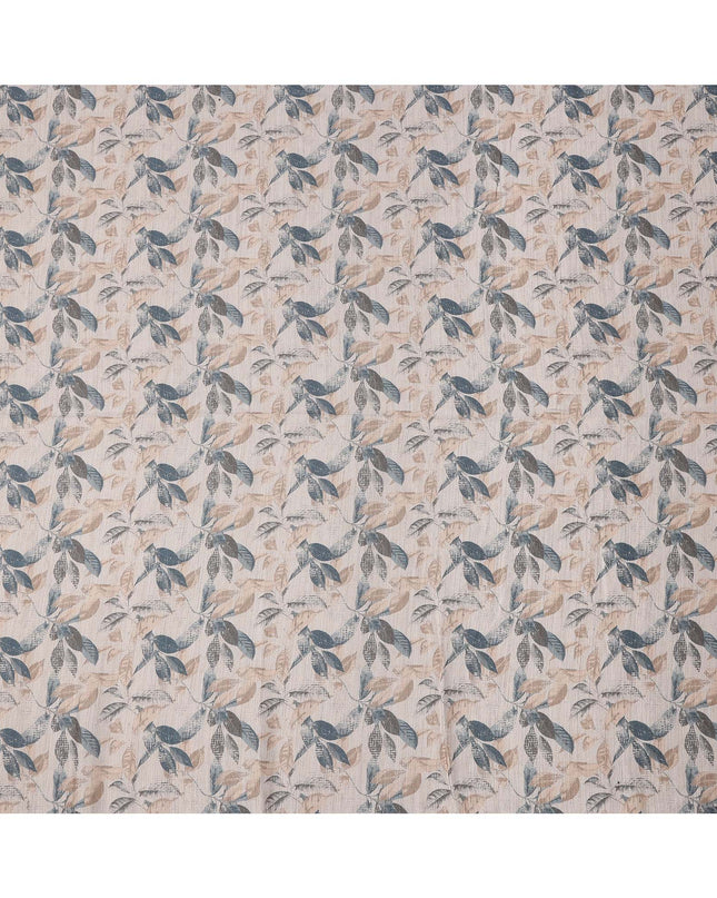 Beige and Blue Viscose Linen Blended Fabric with Leaf Print, 110 cms Width, Made in India-D25108