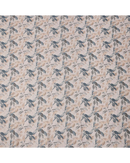 Beige Cotton Blend Fabric with Blue and Brown Leaf Print, 110 Cms Width, Made in India-D25516
