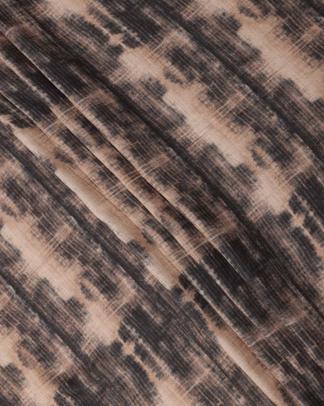 Beige Black Viscose Linen Blended Fabric with Abstract Tie-Dye Effect Print, 110 cms Width, Made in India-D25112