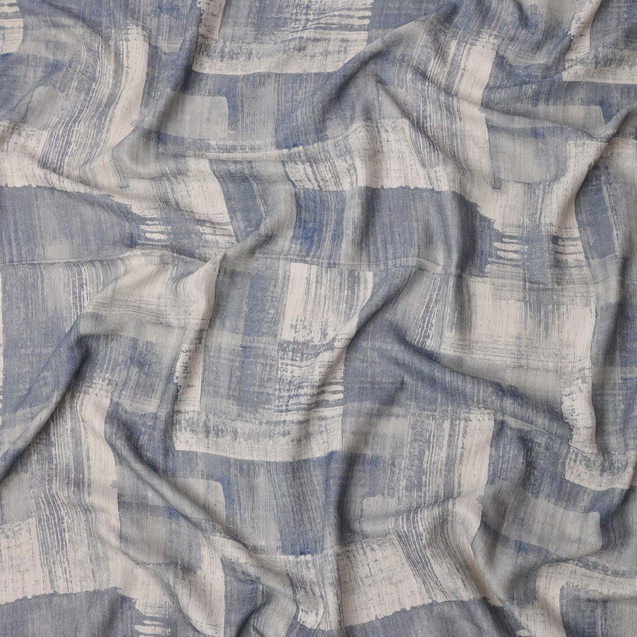 قماش فيسكوز كتان أزرق وأبيض مخلوط بتصميم تجريدي بضربات الفرشاة، عرض 110 سم، صنع في الهند - D25106