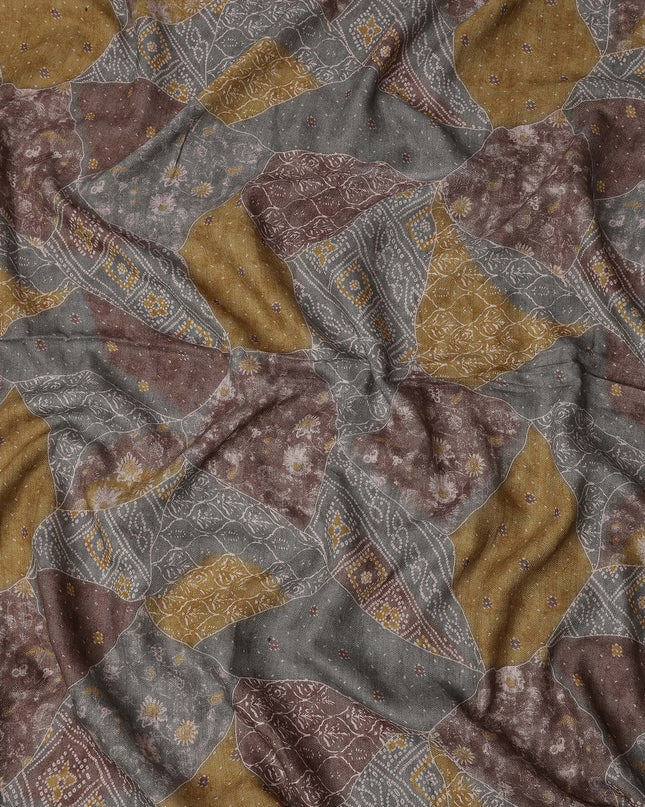 Multicolor Viscose Linen Blended Fabric with Patchwork Inspired Printed Design in Grey, Brown, and Mustard, 110 cms Width, Made in India-D25096