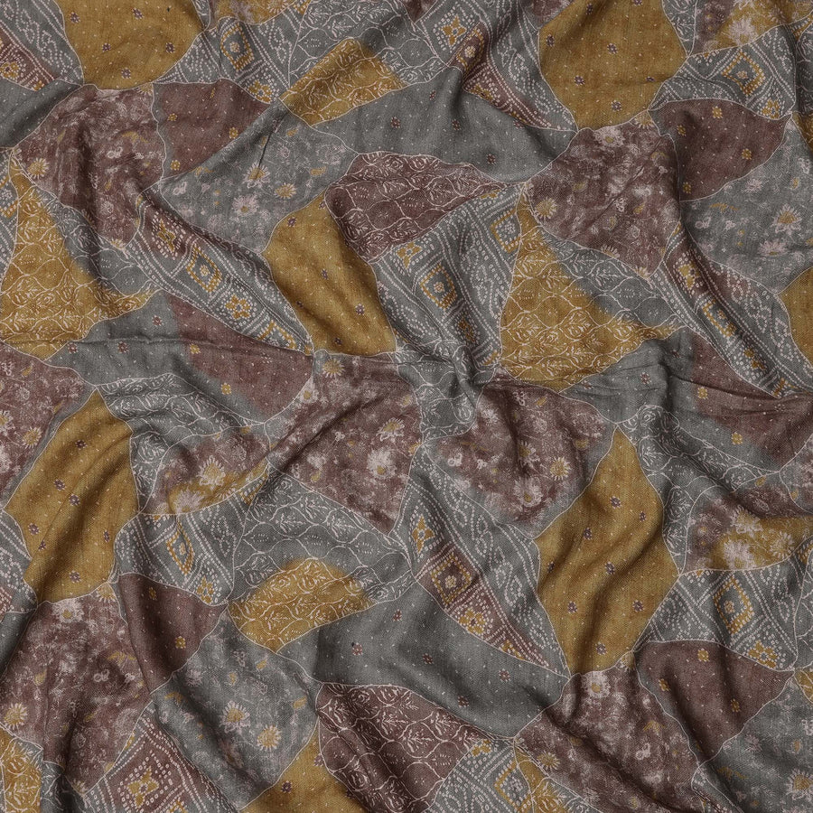 قماش فيسكوز كتان متعدد الألوان، مخلوط، بتصميم مطبوع مستوحى من الترقيع، باللون الرمادي والبني والخردلي، عرض 110 سم، صنع في الهند - D25096