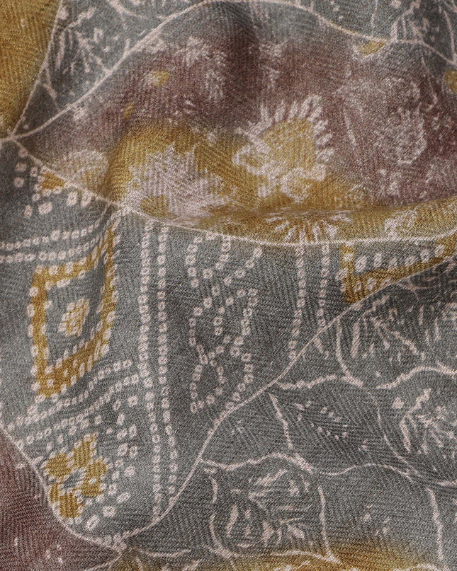 Multicolor Viscose Linen Blended Fabric with Patchwork Inspired Printed Design in Grey, Brown, and Mustard, 110 cms Width, Made in India-D25096