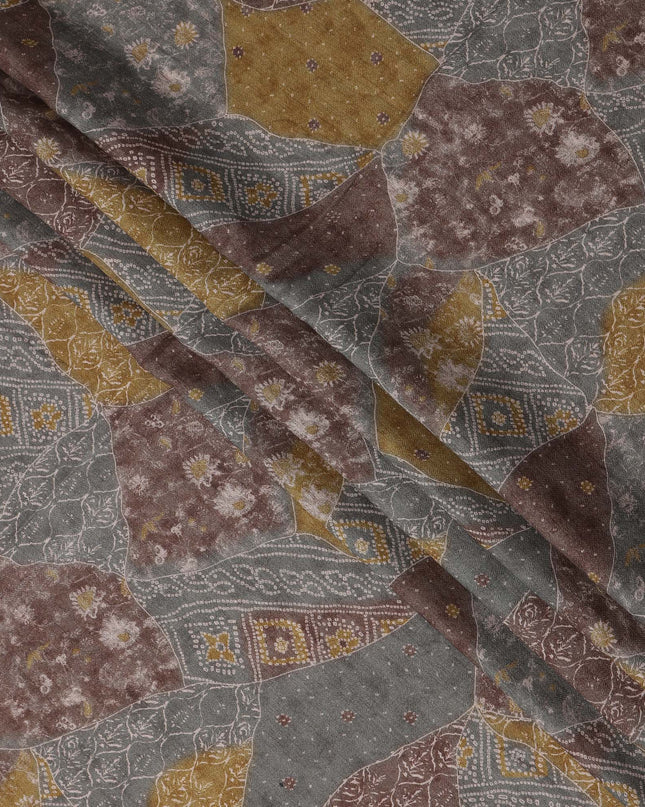 Multicolor Viscose Linen Blended Fabric with Patchwork Inspired Printed Design in Grey, Brown, and Mustard, 110 cms Width, Made in India-D25096
