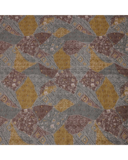 قماش فيسكوز كتان متعدد الألوان، مخلوط، بتصميم مطبوع مستوحى من الترقيع، باللون الرمادي والبني والخردلي، عرض 110 سم، صنع في الهند - D25096