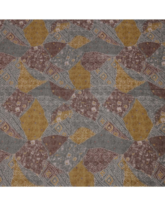 Multicolor Viscose Linen Blended Fabric with Patchwork Inspired Printed Design in Grey, Brown, and Mustard, 110 cms Width, Made in India-D25096