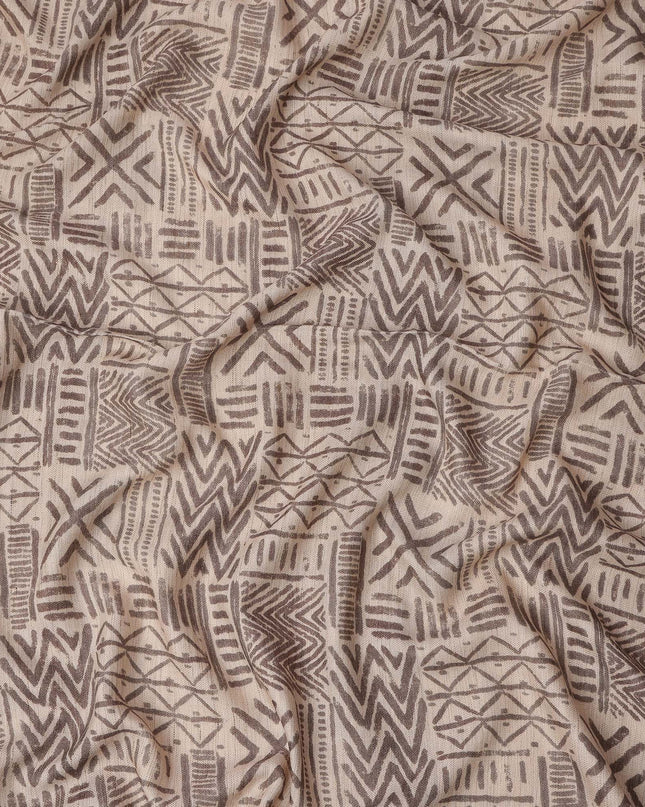 Beige Viscose Linen Blended Fabric with Tribal Geometric Design Print, 110 cms Width, Made in India-D25103