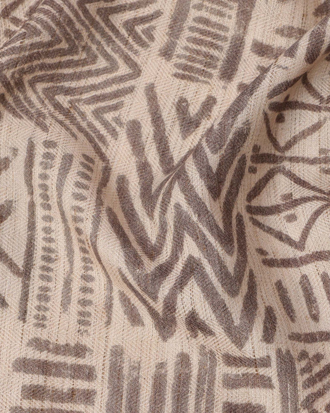 Beige Viscose Linen Blended Fabric with Tribal Geometric Design Print, 110 cms Width, Made in India-D25103