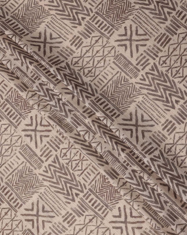 Beige Viscose Linen Blended Fabric with Tribal Geometric Design Print, 110 cms Width, Made in India-D25103