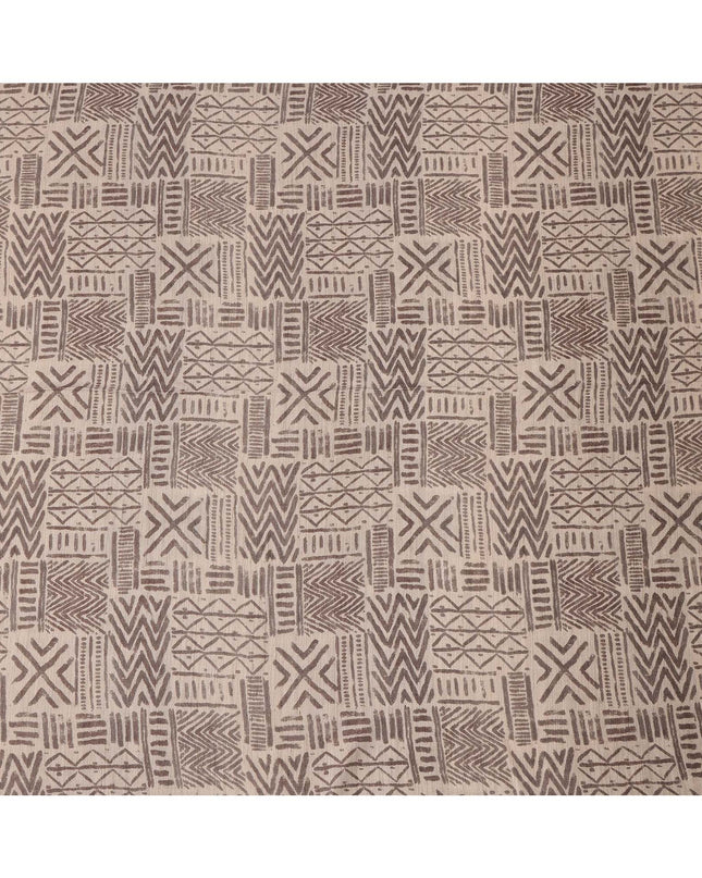 Beige Viscose Linen Blended Fabric with Tribal Geometric Design Print, 110 cms Width, Made in India-D25103