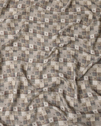 قماش فيسكوز كتان مخلوط باللونين البيج والرمادي بطبعة هندسية مربعة، عرض 110 سم، صنع في الهند - D25107