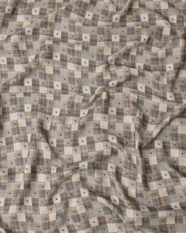 Beige Cotton Blend Fabric with Checked and Dot Print, 110 Cms Width, Made in India-D25513