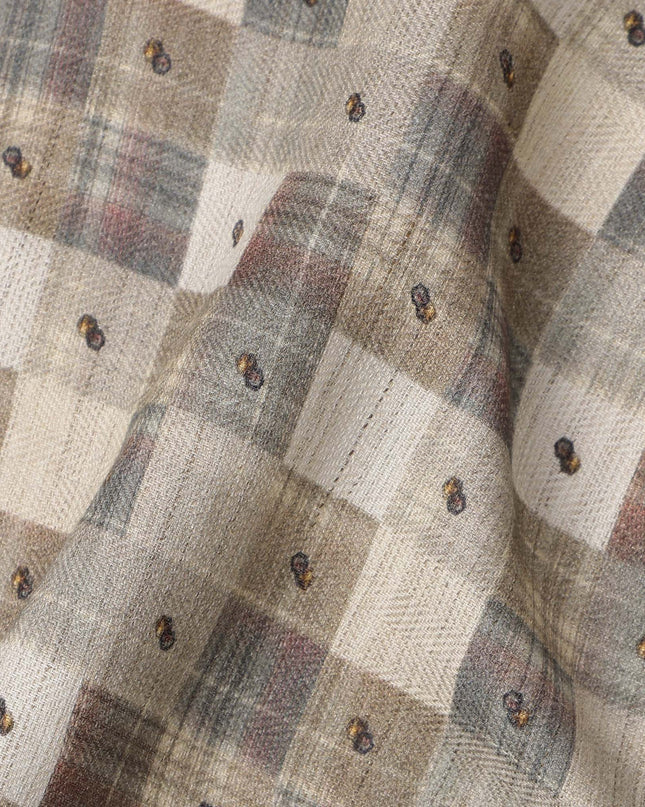 Beige Cotton Blend Fabric with Checked and Dot Print, 110 Cms Width, Made in India-D25513