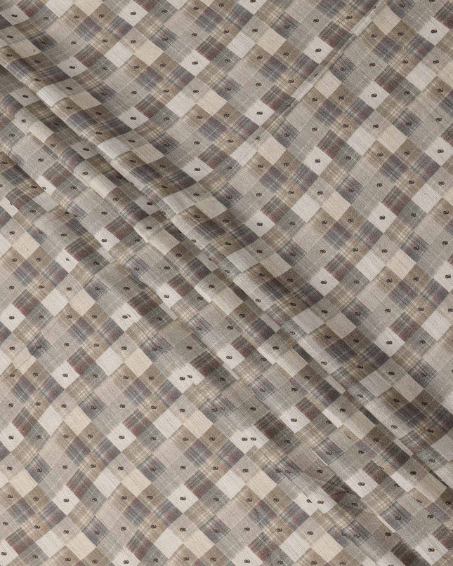 Beige Cotton Blend Fabric with Checked and Dot Print, 110 Cms Width, Made in India-D25513