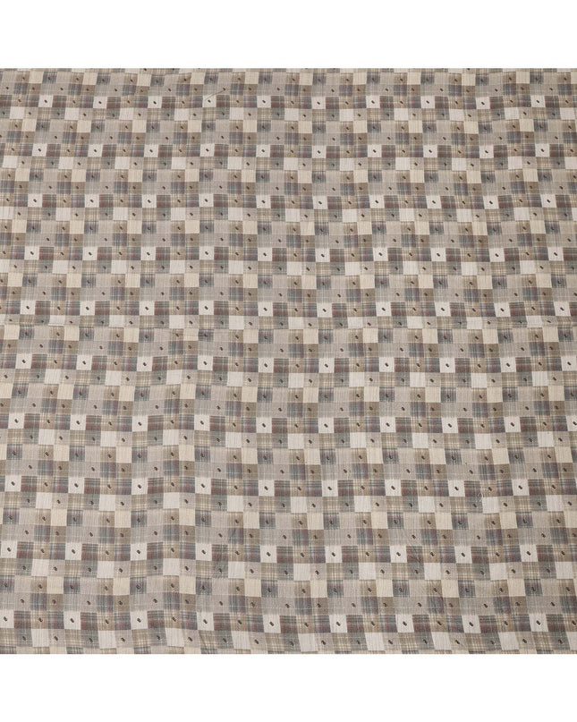 Beige Cotton Blend Fabric with Checked and Dot Print, 110 Cms Width, Made in India-D25513