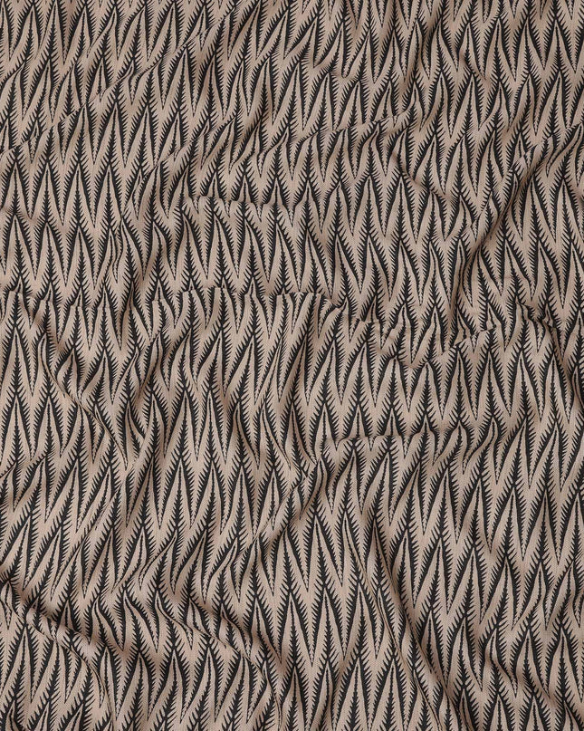 Beige Viscose Linen Blended Fabric with Black Leaf Pattern Print, 110 cms Width, Made in India-D25094