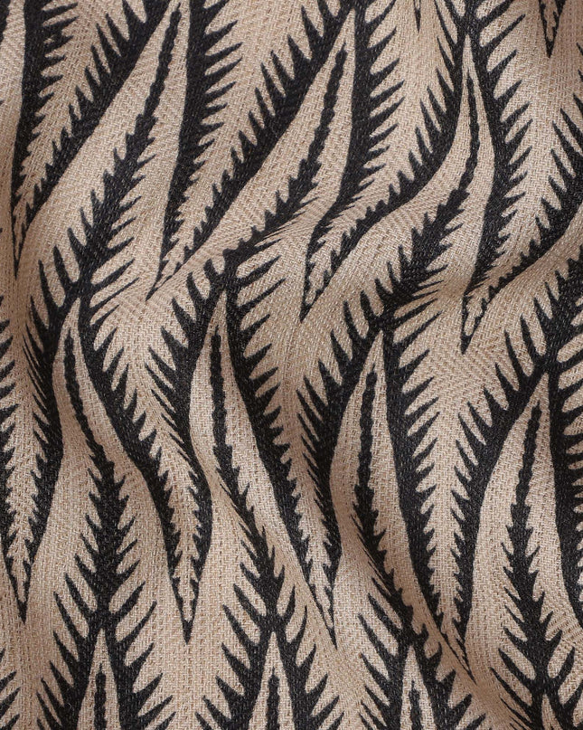 Beige Viscose Linen Blended Fabric with Black Leaf Pattern Print, 110 cms Width, Made in India-D25094