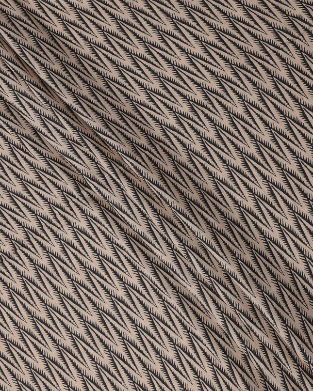 Beige Viscose Linen Blended Fabric with Black Leaf Pattern Print, 110 cms Width, Made in India-D25094