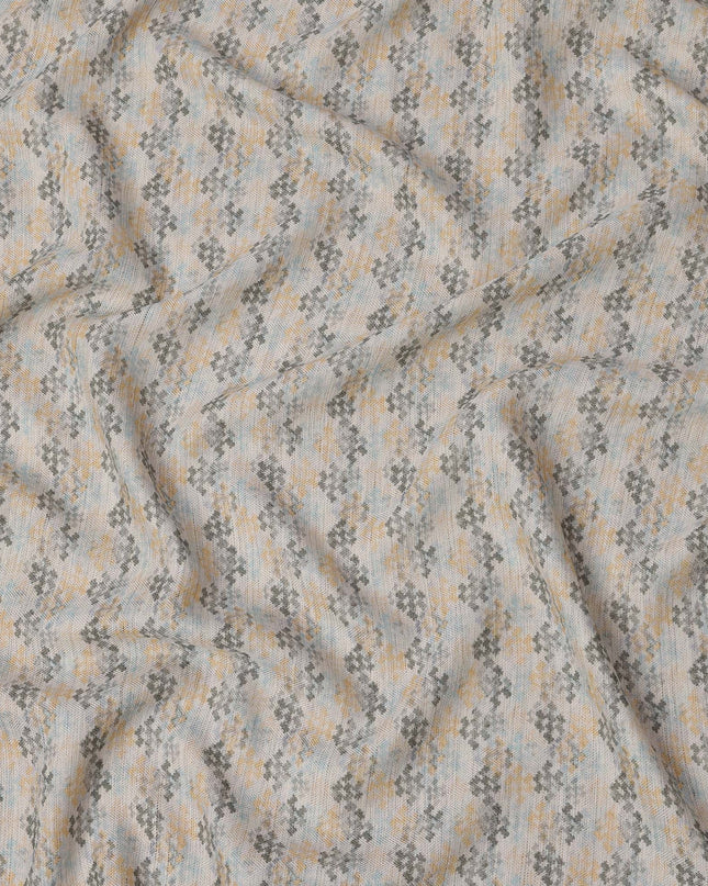 White Cotton Blend Fabric with Grey and Yellow Geometric Print, 110 Cms Width, Made in India-D25519