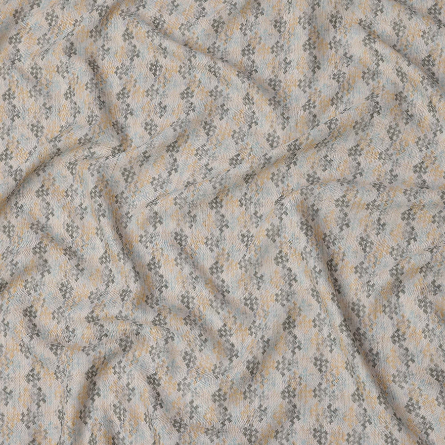 قماش مزيج قطني أبيض بطبعة هندسية رمادية وصفراء، عرض 110 سم، صنع في الهند - D25519