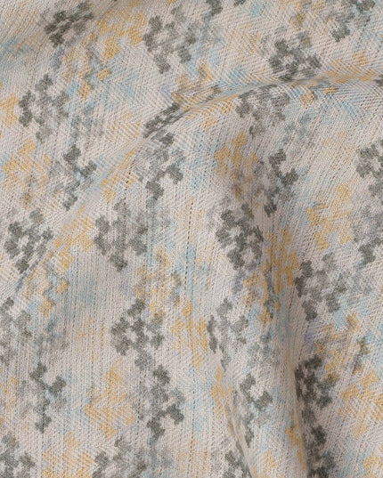 قماش مزيج قطني أبيض بطبعة هندسية رمادية وصفراء، عرض 110 سم، صنع في الهند - D25519