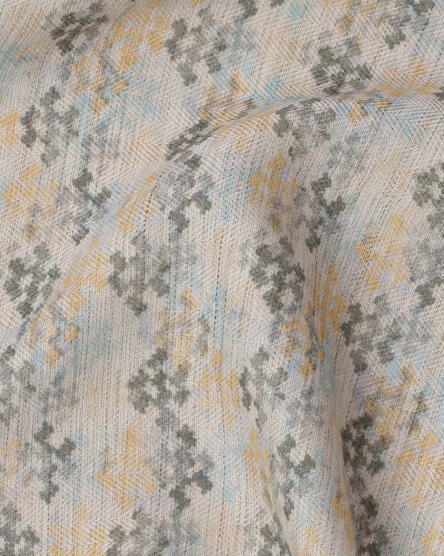 White Cotton Blend Fabric with Grey and Yellow Geometric Print, 110 Cms Width, Made in India-D25519